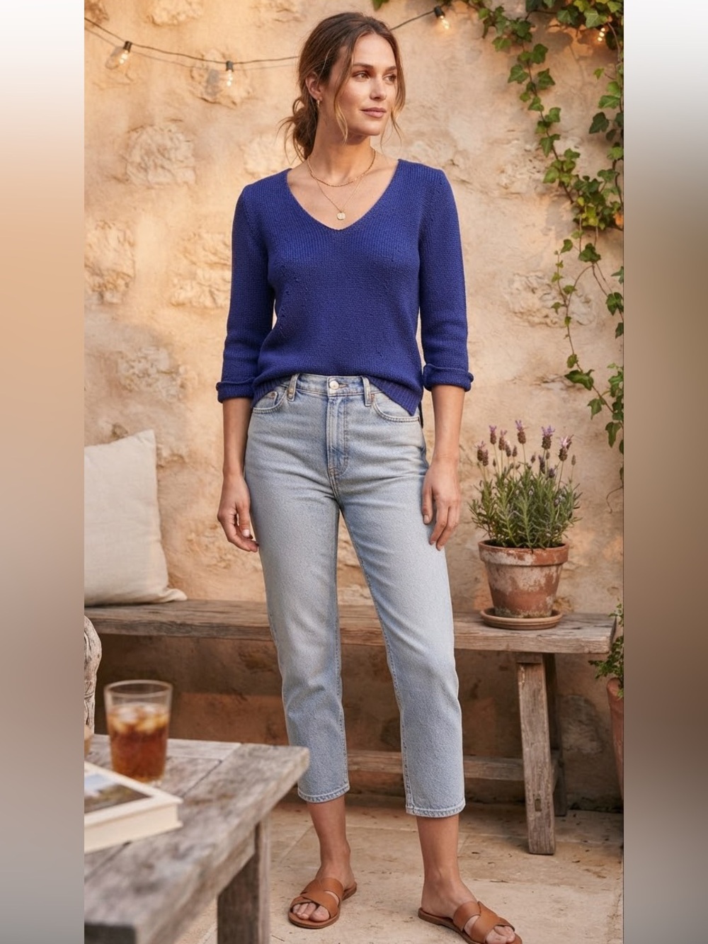 Olsen Europe Blue Knit V-Neck 3/4 Sleeve Sweater XS